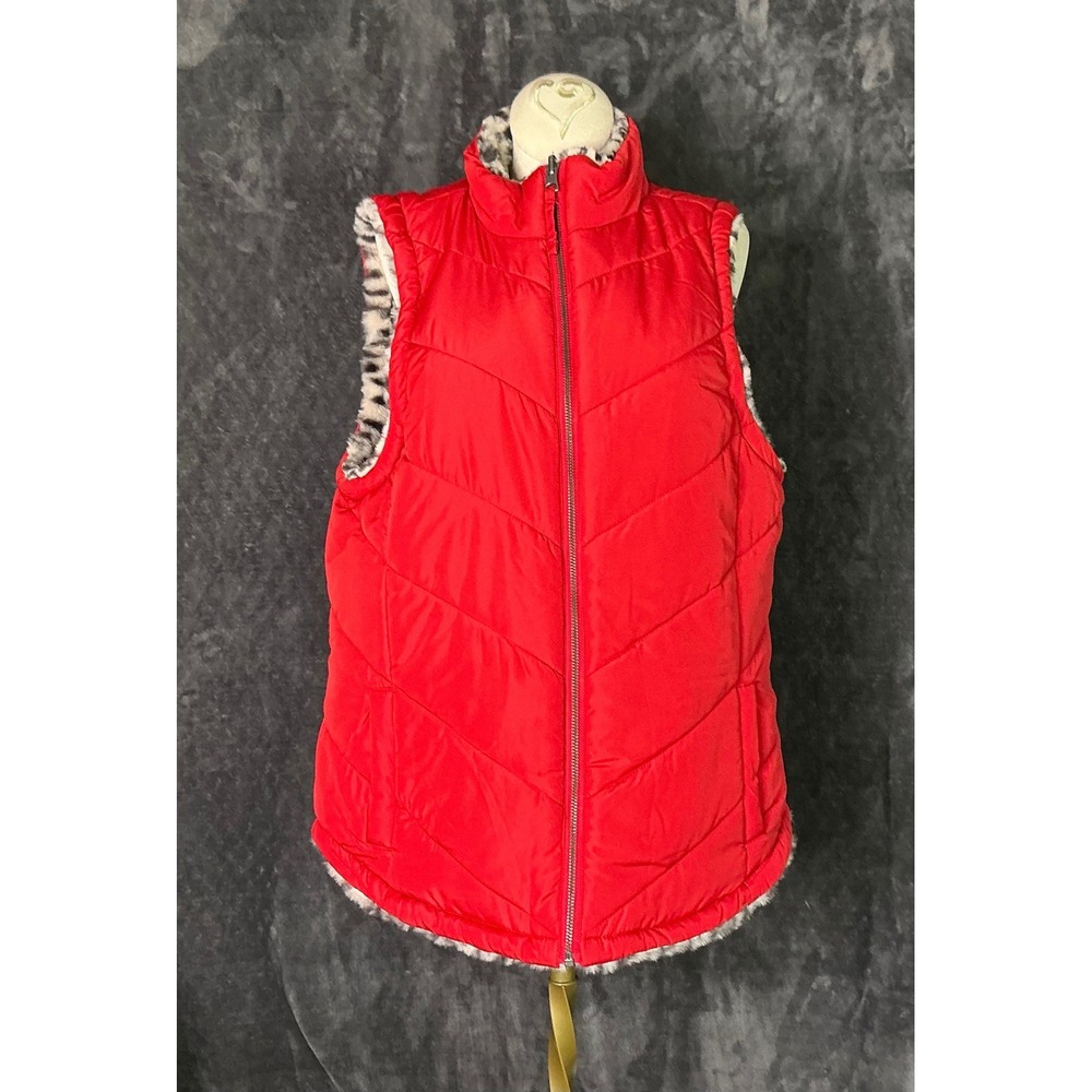 Maurices Reversible Puffer‎ Vest Womens Medium Red Quilted Leopard Faux Fur Zip
